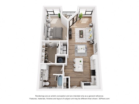 a 1 bedroom floorplan with a bathroom and a living room